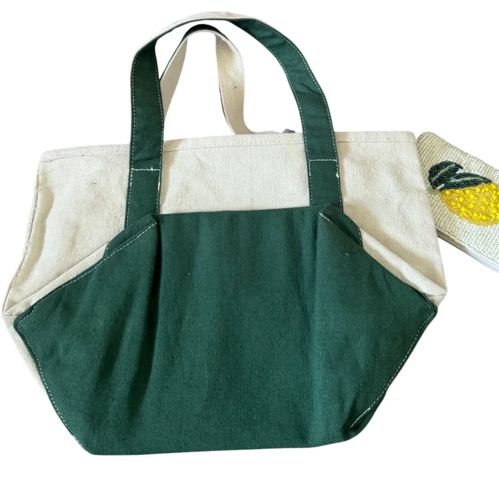 Viral‎ Beaded Farm Market Lemon Canvas Small Tote Green Base Assorted Bead Pouch